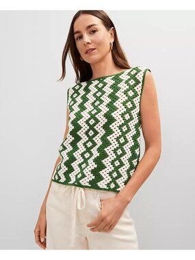 Ann Taylor Green Geo Crochet Sweater Shell Vest Size S Boho Hippie Retro Coastal